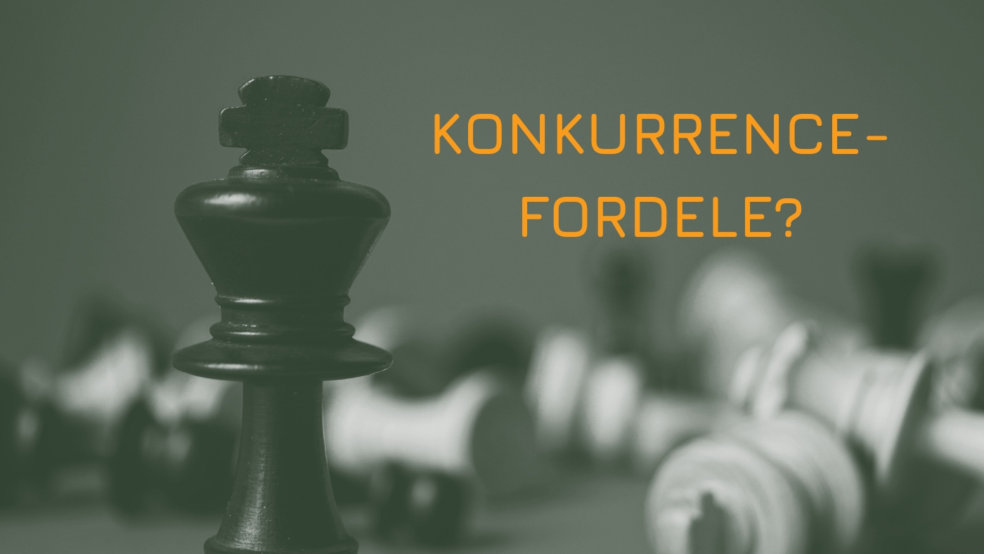 Skakfigur står oprejst blandt liggende skakfigurer med teksten "konkurrence fordele?", der illustrerer, hvordan klimarapportering kan give små og mellemstore virksomheder en fordel.